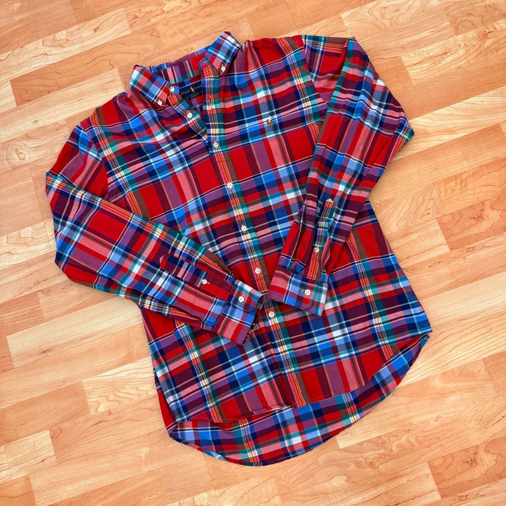 Ralph Lauren Mens Classic Fit Plaid Button Down Shirt Red Blue Green Medium